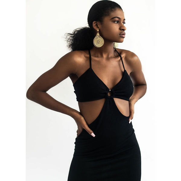 Kiora Black Side Cut  Midi Dress